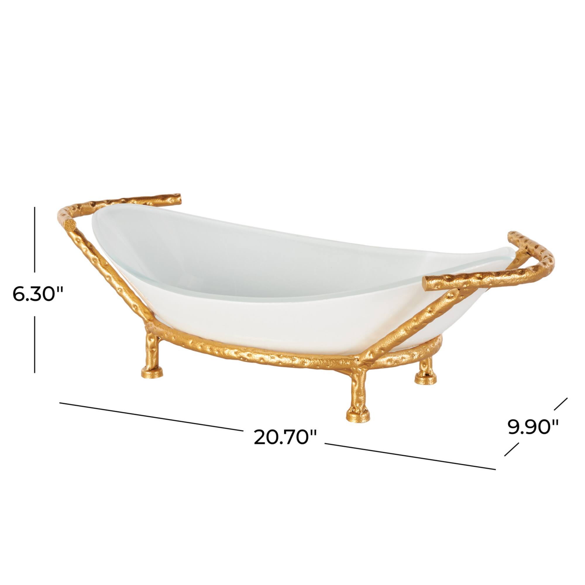 21" x 10" White Tempered Glass Kitchen Serving Bowl with Gold Metal Stand
